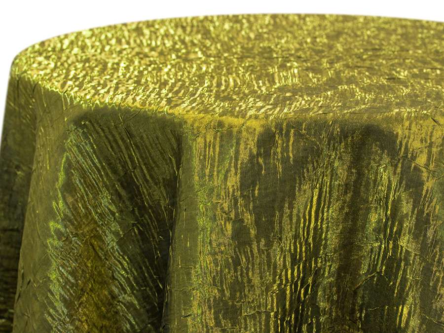 Moss Iridescent Crush linen table covering with textured surface, showcasing vibrant green hues, available for event rentals.