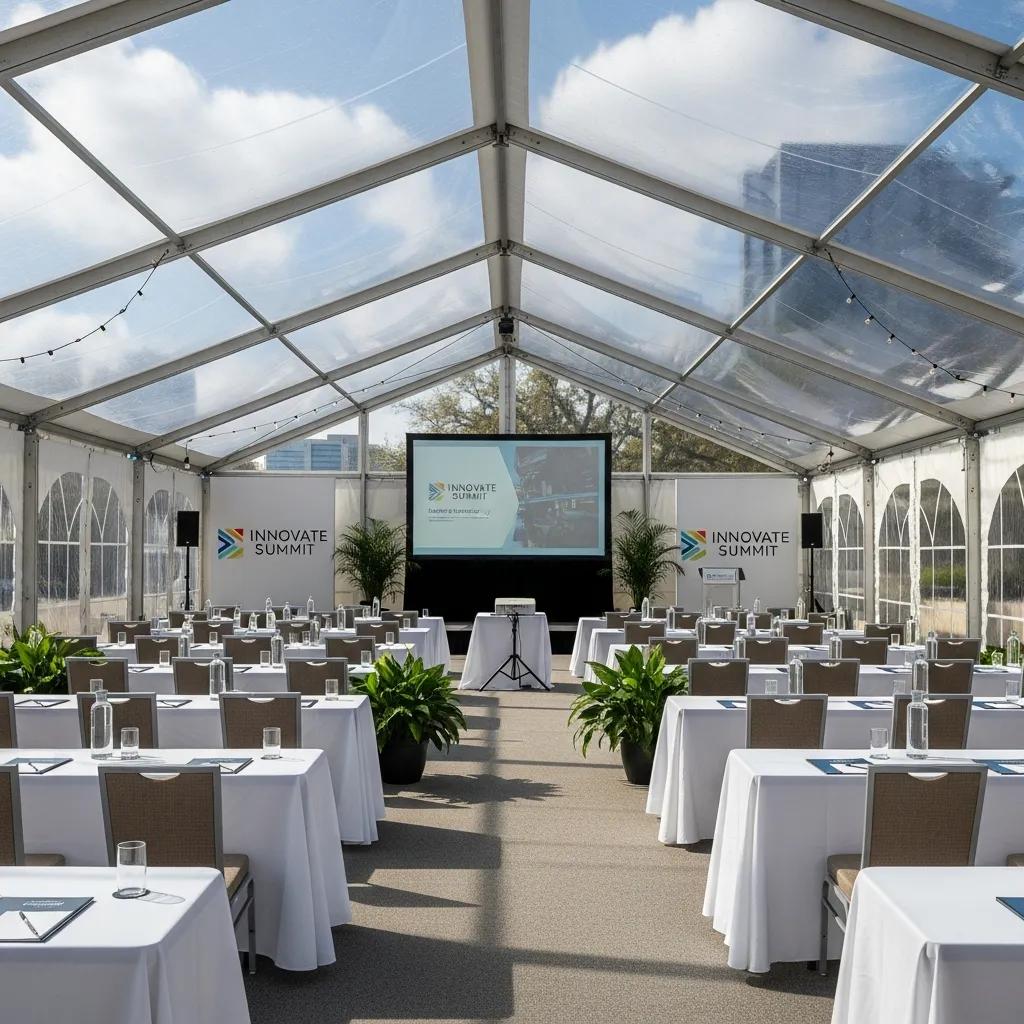 Clear span tent staged for a corporate event with branded signage and seating