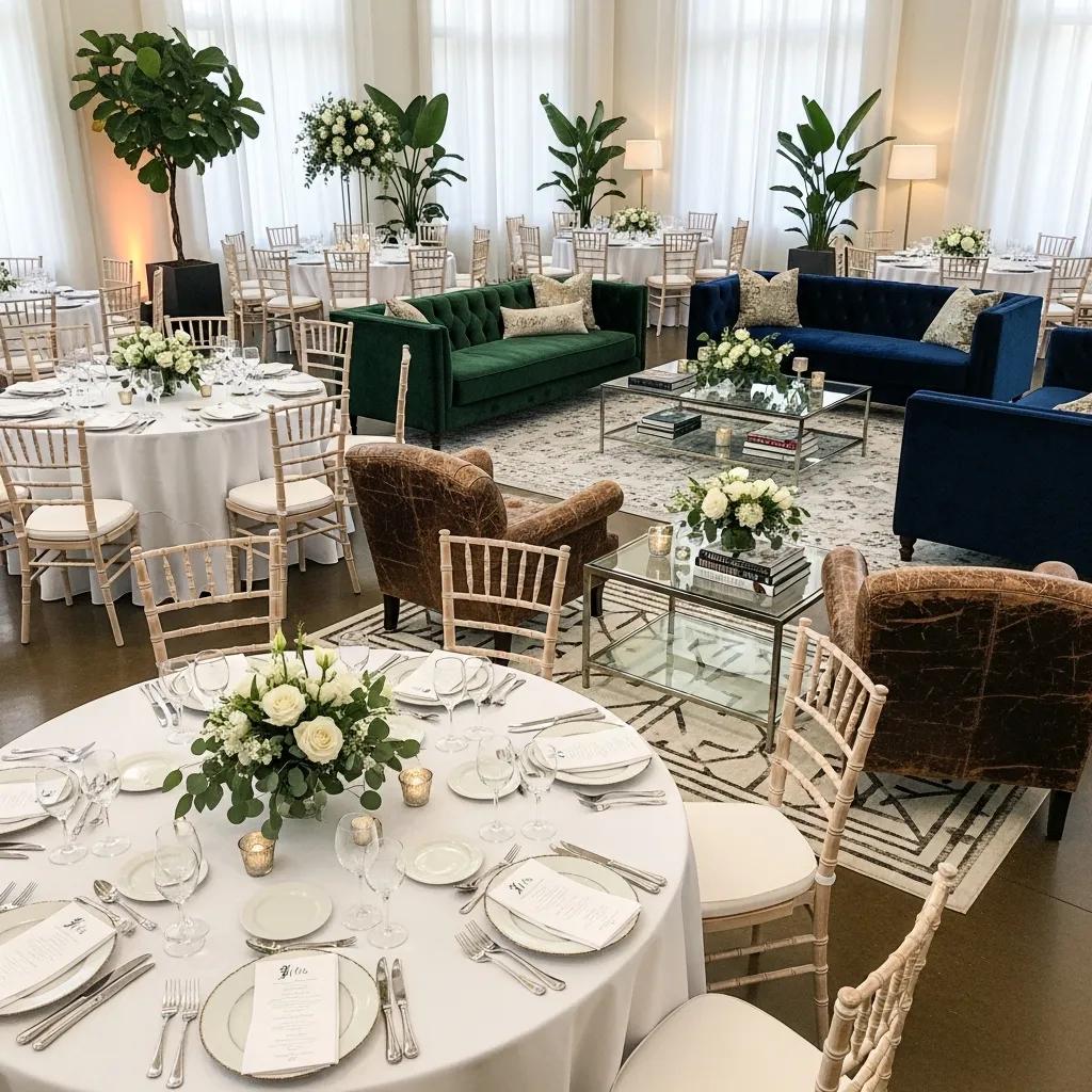 Elegant event furniture setup featuring Chiavari chairs and lounge sofas in a beautifully decorated space