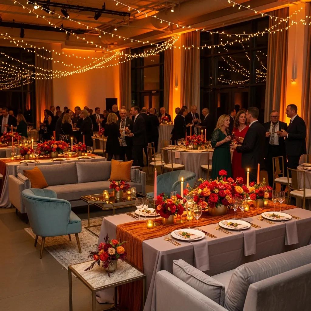 Elegant event space with stylish rental decor, showcasing furniture, linens, and lighting