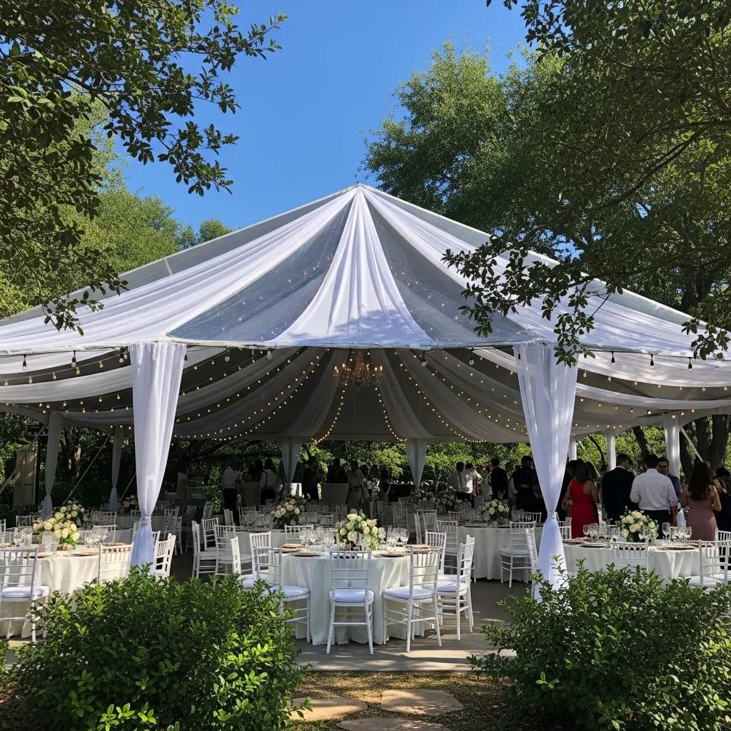 Elegant outdoor event tent setup in Austin, Texas, showcasing wedding decorations and a festive atmosphere