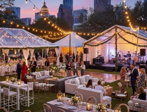 Outdoor event setup in Austin featuring elegant tents, stylish furniture, and guests enjoying the atmosphere, with a live band and city skyline in the background, emphasizing cohesive event decor and rental options.