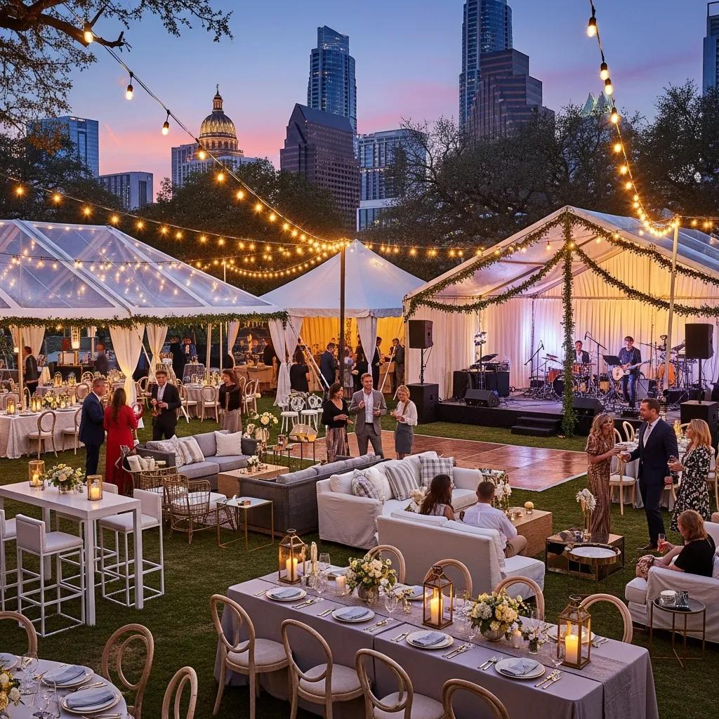 Outdoor event setup in Austin with tents, furniture, and guests enjoying the atmosphere