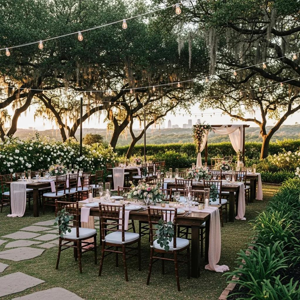 Outdoor wedding setup in Austin with rustic tables and elegant chairs
