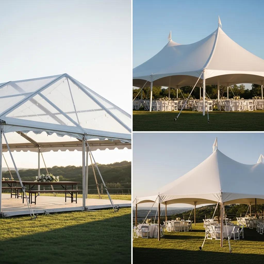 Selection of pole, frame, and clear top wedding tents available in Austin