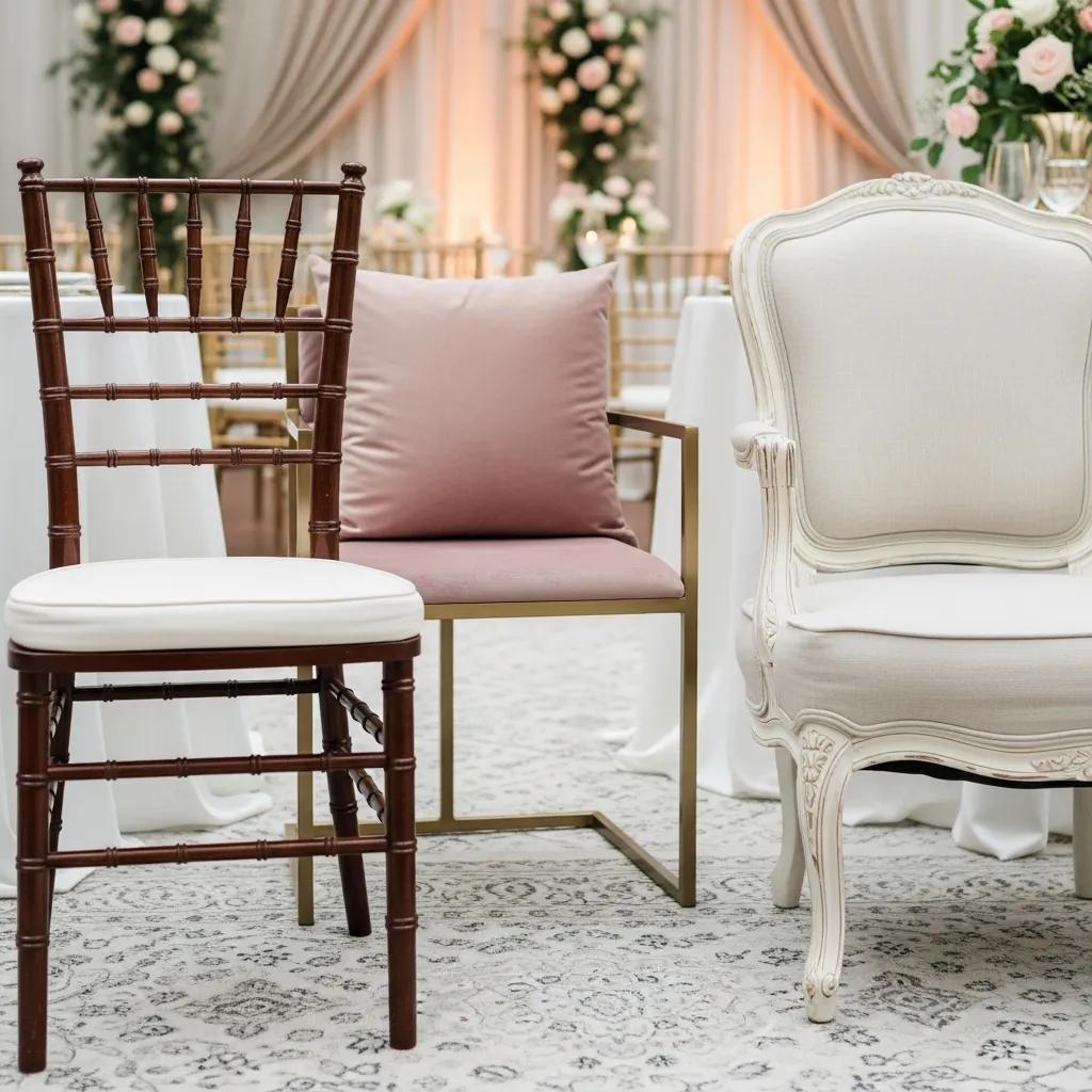 Close-up of premium wedding chairs showcasing luxury designs and fabrics