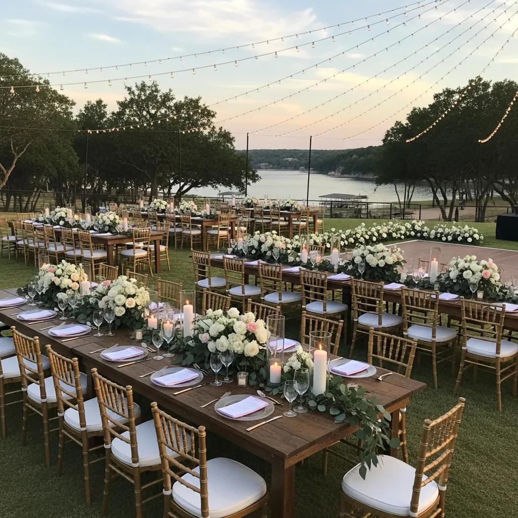 Elegant outdoor wedding setup in Westlake, showcasing luxury furniture rentals and romantic decor