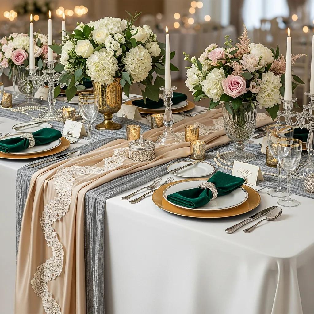 Elegant tablescape with luxury wedding linens in various fabrics and colors