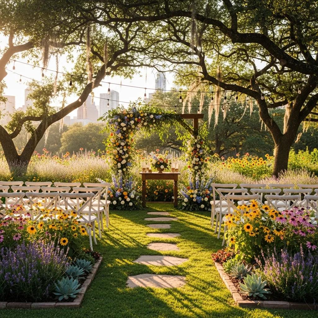 Lush outdoor wedding venue in Austin with floral decorations and seating