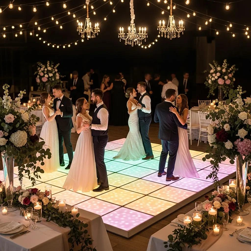 Modular dance floor at a wedding reception with couples dancing and elegant decorations