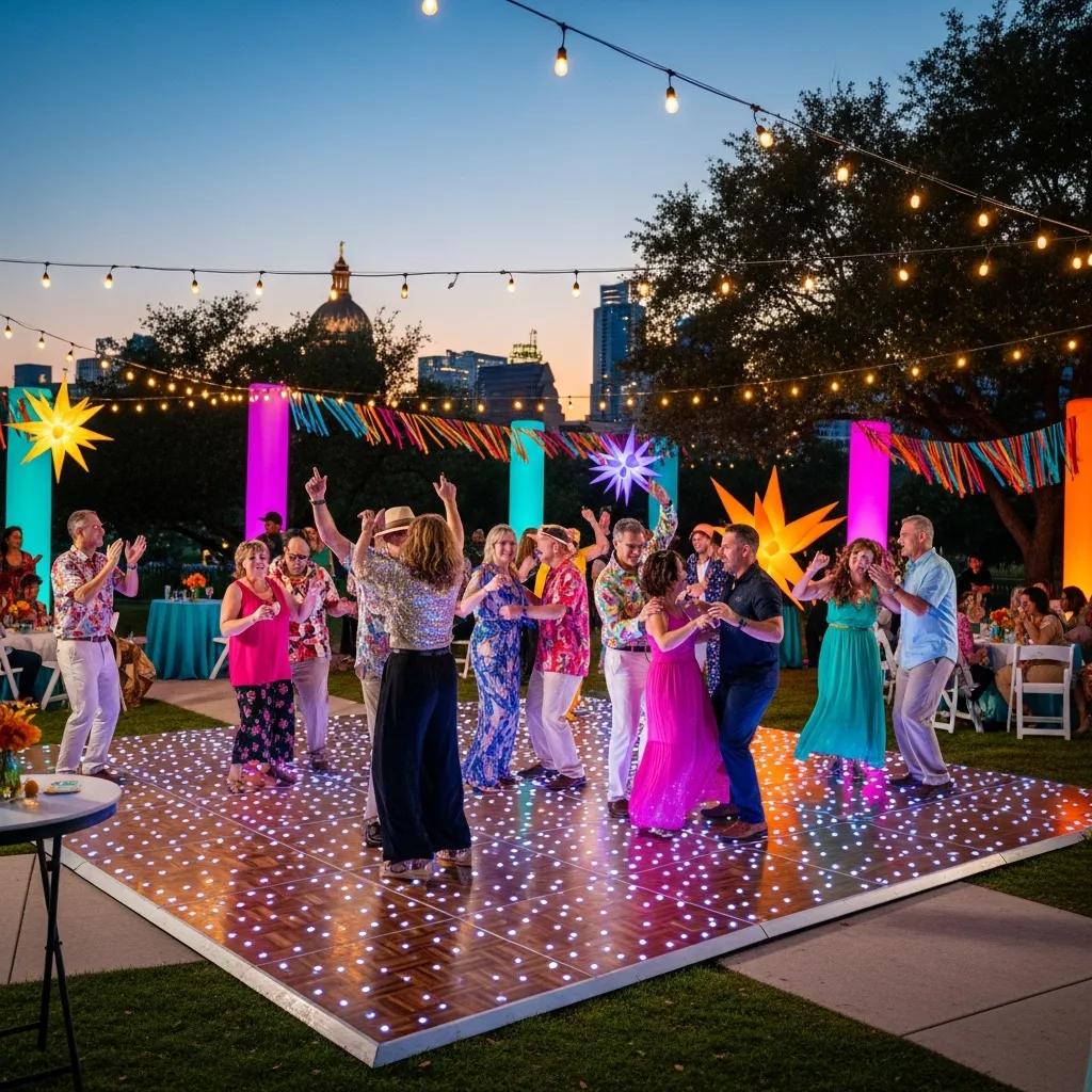 Portable dance floor at an outdoor event in Austin with guests dancing and colorful decorations