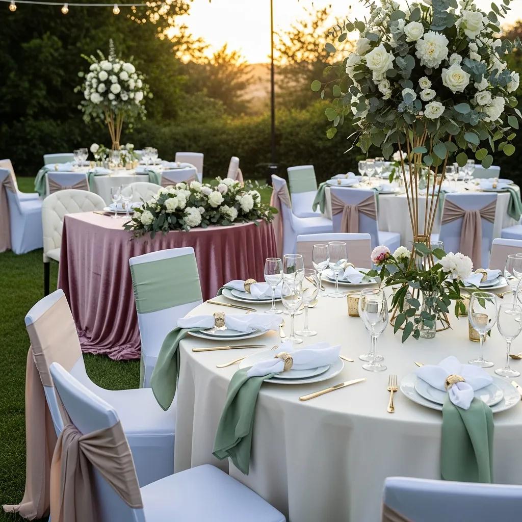 Romantic wedding setup with various linen options, highlighting tablecloths and chair covers