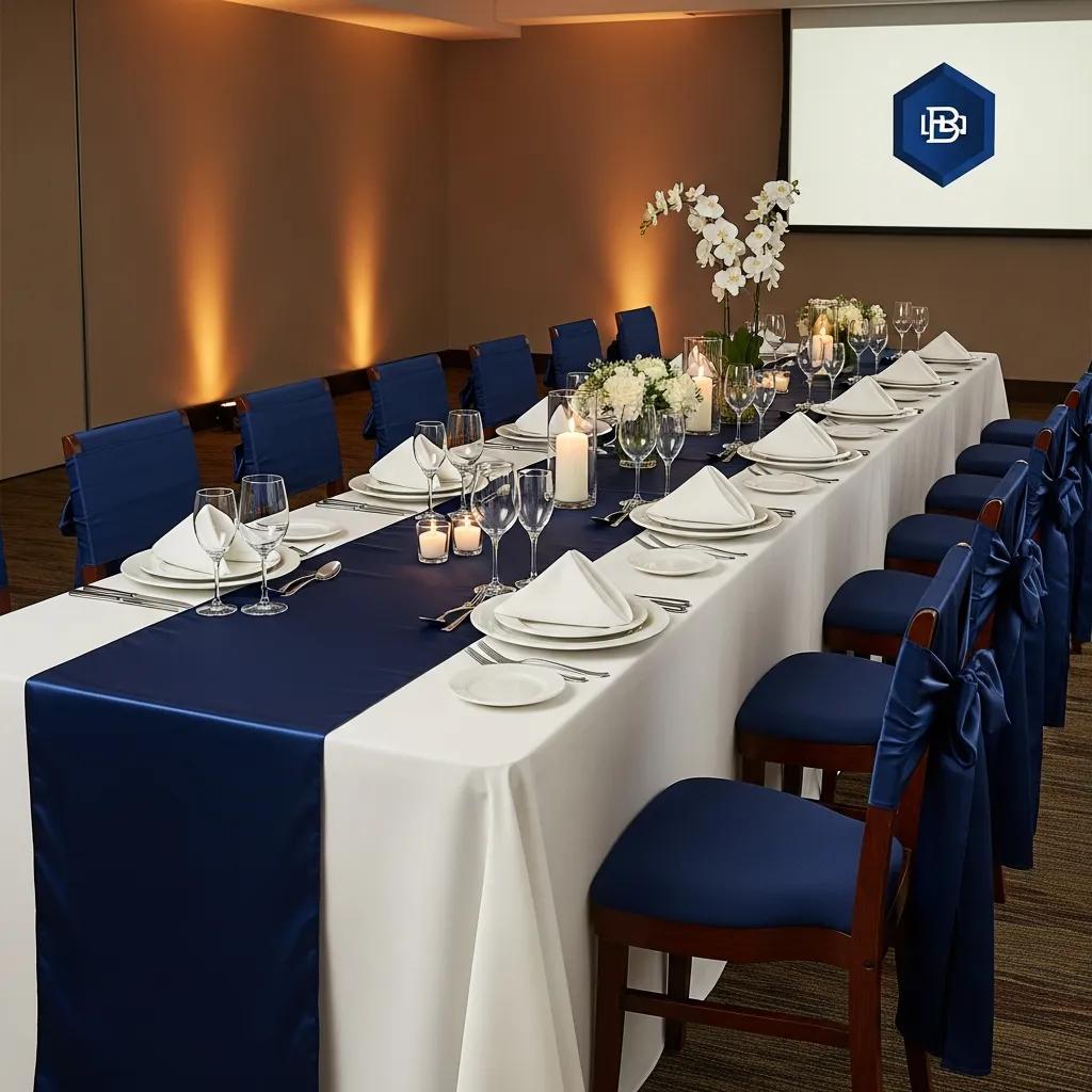 Sophisticated corporate event setup with high-quality linen rentals, featuring table runners and chair covers