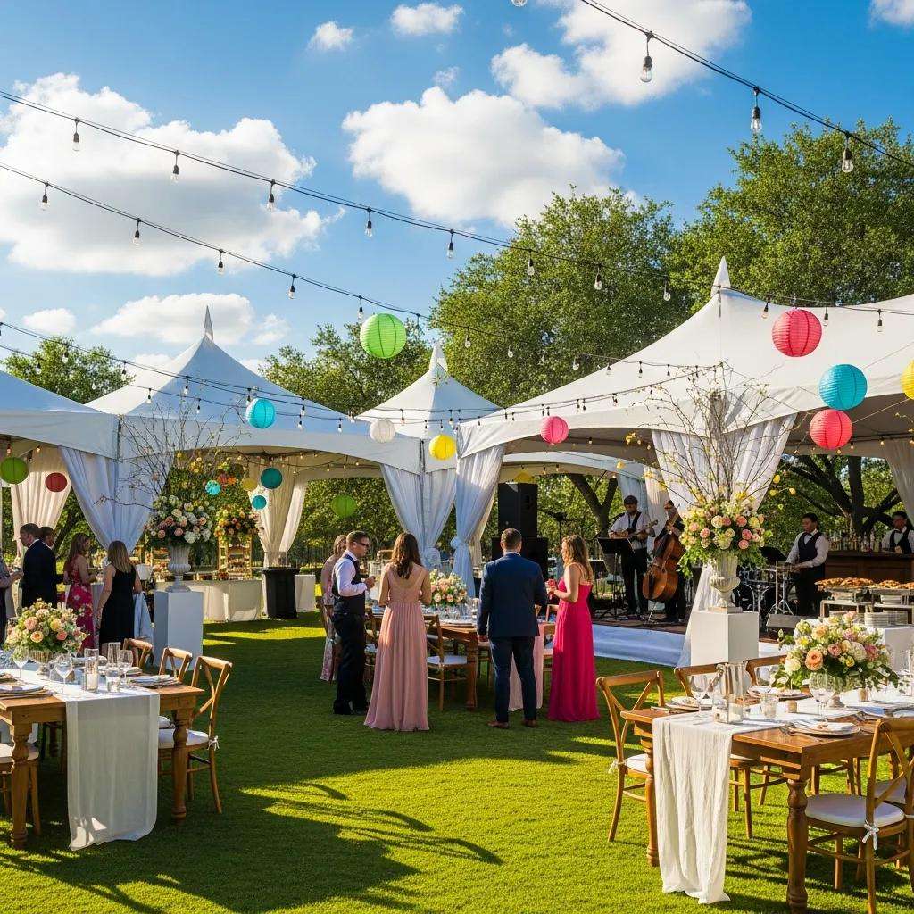 Outdoor event setup in Buda, TX with elegant tents and stylish decor