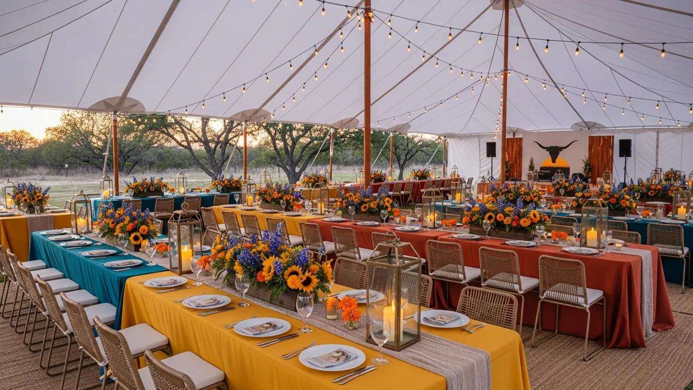 Outdoor event setup in Kyle, TX with tables, chairs, and decorative elements
