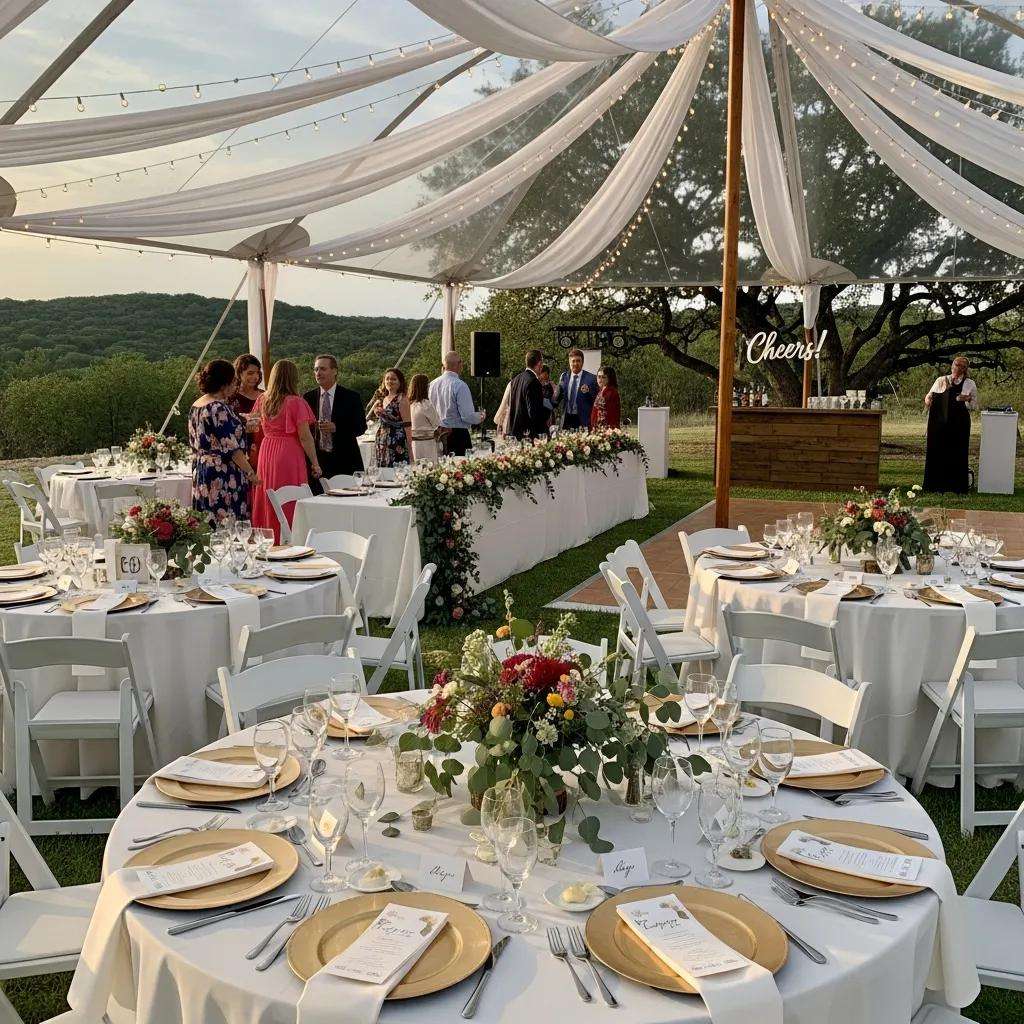 Wedding tent setup in Dripping Springs, TX, showcasing elegant decor and outdoor ambiance